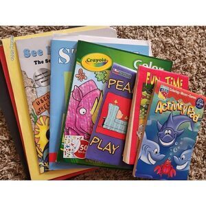 Childrens coloring and activity books, and construction paper